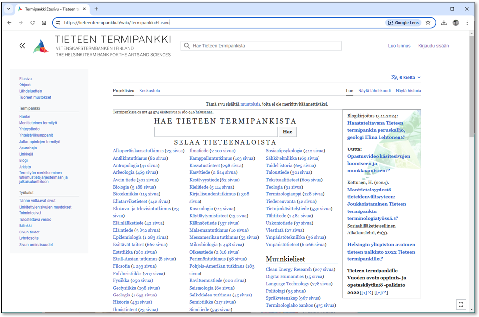 Kuvakaappaus Tieteen termipankin internetsivuston etusivulta.